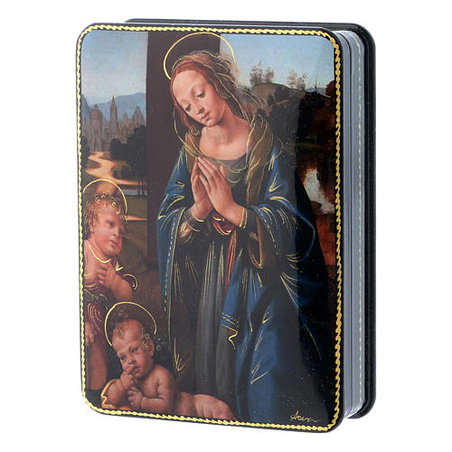 Caixa russa papel-machê Virgem com o Menino São João Batista e Anjos 15x11 cm estilo Fedoskino 2