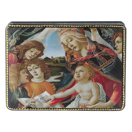 Laca russa papel-machê Adoração do Menino com São João Batista criança 15x11 cm estilo Fedoskino 1