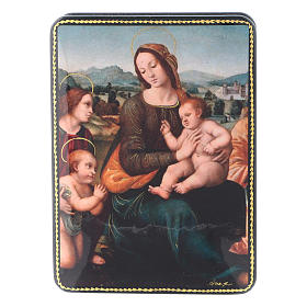 Russische Lackdose aus Papiermaché Madonna mit dem Granatapfel im Fedoskino-Stil 15x11 cm