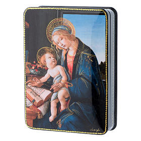 Russische Lackdose aus Papiermaché Madonna mit dem Buch im Fedoskino-Stil 15x11 cm