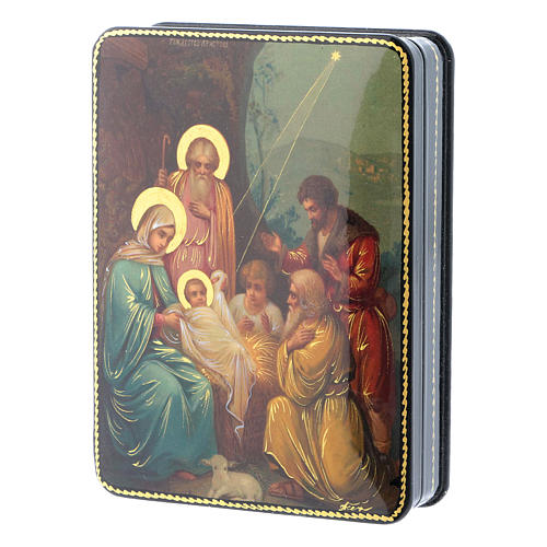 Russische Lackdose aus Papiermaché Geburt Jesu Christi im Fedoskino-Stil 15x11 cm 2