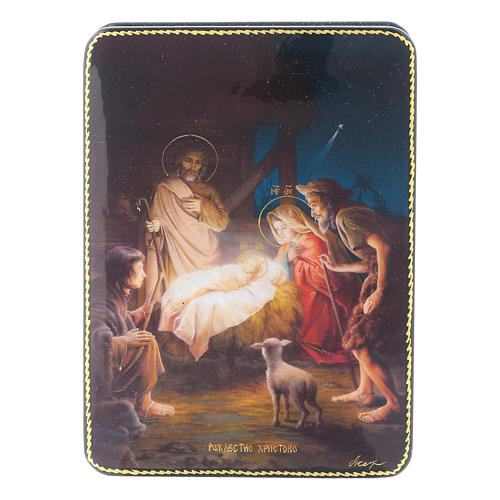 Russische Lackdose aus Papiermaché Geburt Jesu Christi im Fedoskino-Stil 15x11 cm 1