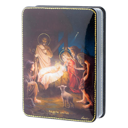 Caixa russa papel-machê Nascimento de Jesus estilo Fedoskino 15x11 cm 2