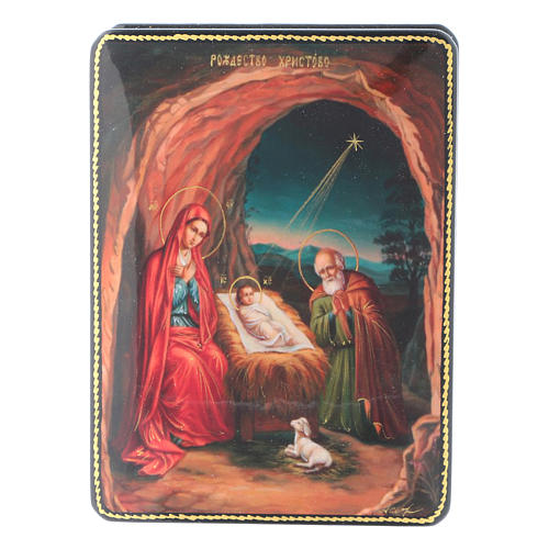Boîte russe papier mâché Naissance Jésus-Christ style Fedoskino 15x11 cm 1