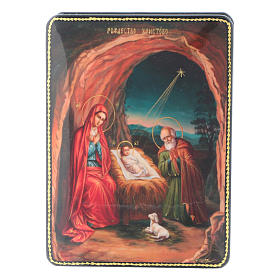 Russian papier machè box The Birth of Jesus Christ Fedoskino style 15x11 cm.