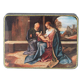 Russische Lackdose aus Papiermaché Geburt Jesu Christi in Art der Renaissance Fedoskino-Stil 15x11 cm