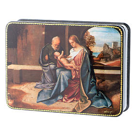 Russische Lackdose aus Papiermaché Geburt Jesu Christi in Art der Renaissance Fedoskino-Stil 15x11 cm