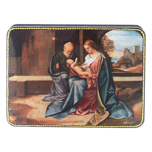 Russische Lackdose aus Papiermaché Geburt Jesu Christi in Art der Renaissance Fedoskino-Stil 15x11 cm 1