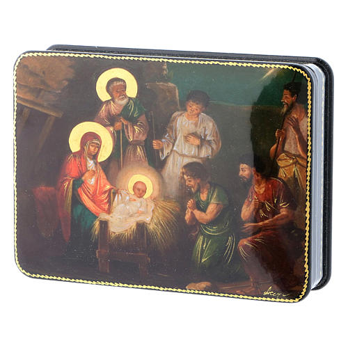 Russische Lackdose aus Papiermaché Geburt Jesu Christi im Fedoskino-Stil 15x11 cm 2
