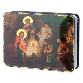 Russian papier machè and lacquer box The Birth of Jesus Christ Fedoskino style 15x11 cm.