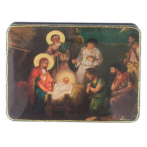 Russian papier machè and lacquer box The Birth of Jesus Christ Fedoskino style 15x11 cm. 1