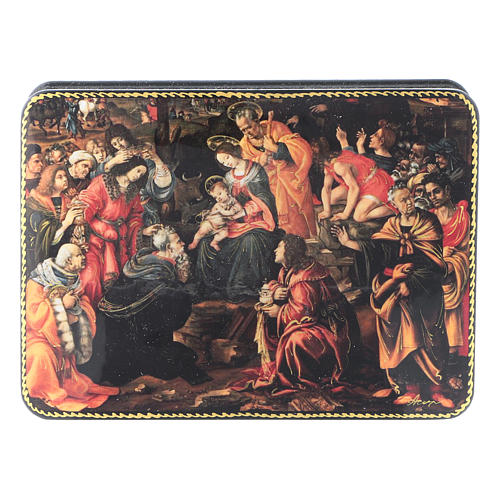 Russian lacquer and papier-machè box Adoration of the Three Wise Men Fedoskino style 15X11 cm 1
