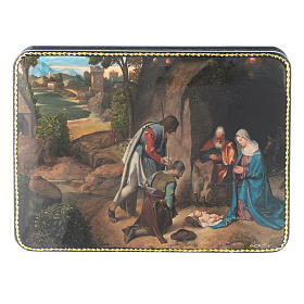 Russian lacquer and papier-mâché box The Shepherds in Adoration of the Holy Family Fedoskino style 15x11 cm