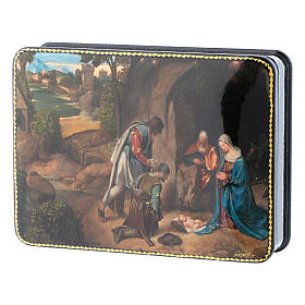 Russian lacquer and papier-mâché box The Shepherds in Adoration of the Holy Family Fedoskino style 15x11 cm