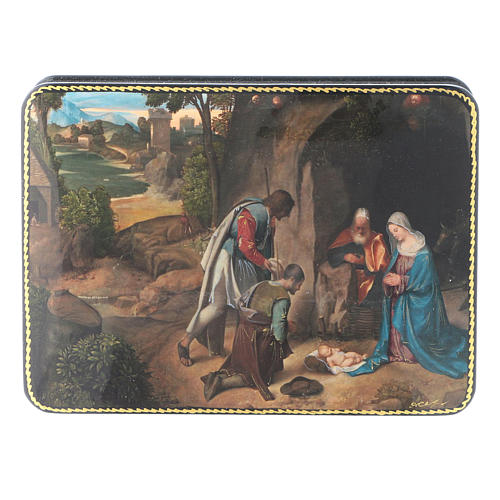 Russian lacquer and papier-mâché box The Shepherds in Adoration of the Holy Family Fedoskino style 15x11 cm 1