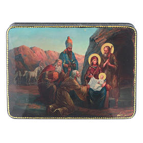 Russische Lackdose aus Papiermaché Geburt Christi Anbetung der Könige im Fedoskino-Stil 15x11 cm