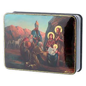 Russian lacquer and papier-mâché box The Three Wise Men in Adoration of Baby Jesus Fedoskino style 15x11 cm
