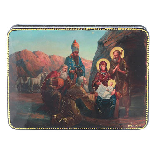 Caja rusa Papier-mâché Nacimiento Jesús Adoración Magos Fedoskino style 15x11 1