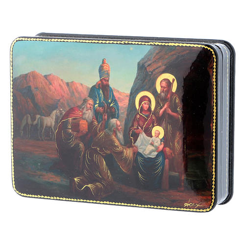 Caixa russa papel-machê Nascimento Jesus Adoração Magos estilo Fedoskino 15x11 cm 2