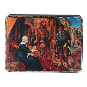 Russische Lackdose aus Papiermaché Anbetung der Könige nach Dürer im Fedoskino-Stil 15x11 cm