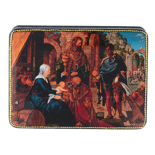 Russian papier-mâché and lacquer box The Adoration of the Three Wise Men Dürer Fedoskino style 15x11 cm 1