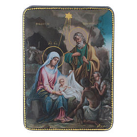 Russische Lackdose aus Papiermaché Geburt Christi im Fedoskino-Stil 15x11 cm
