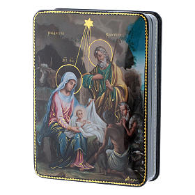Russische Lackdose aus Papiermaché Geburt Christi im Fedoskino-Stil 15x11 cm