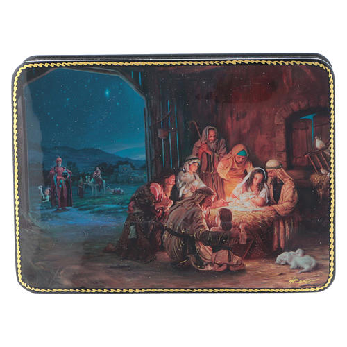 Russische Lackdose aus Papiermaché Geburt Christi und Anbetung im Fedoskino-Stil 15x11 cm 1