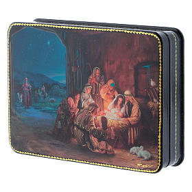 Boîte russe papier mâché Naissance Christ et Adoration style Fedoskino 15x11 cm