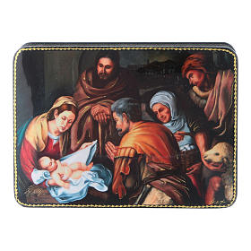 Russische Lackdose aus Papiermaché Geburt Christi nach Murillo im Fedoskino-Stil 15x11 cm