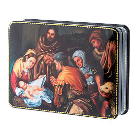 Russische Lackdose aus Papiermaché Geburt Christi nach Murillo im Fedoskino-Stil 15x11 cm