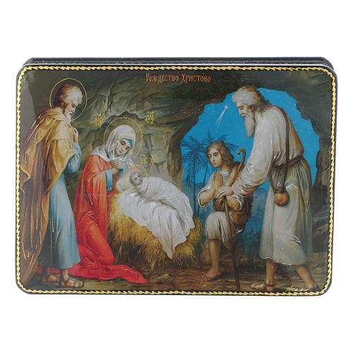 Russische Lackdose aus Papiermaché Christus, Geburt im Fedoskino-Stil 15x11 cm 1