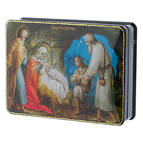 Russische Lackdose aus Papiermaché Christus, Geburt im Fedoskino-Stil 15x11 cm 2