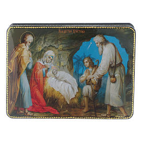 Scatola russa cartapesta Gesù, la nascita Fedoskino style 15x11
