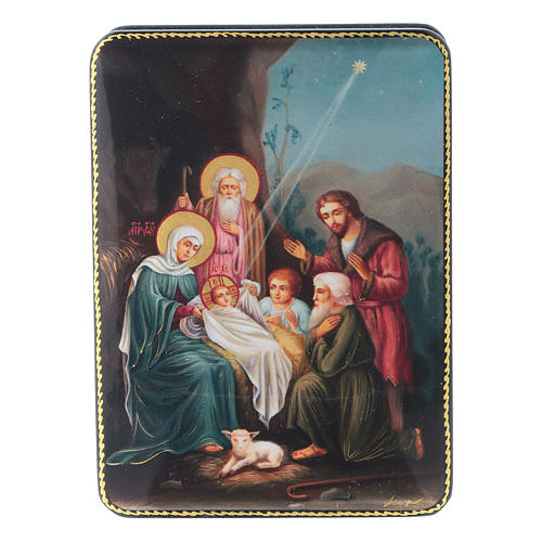 Russische Lackdose aus Papiermaché Christus, Geburt im Fedoskino-Stil 15x11 cm 1