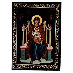 Papier-maché box, Mother of God Enthroned, Russian lacquer, 5.5x4 in