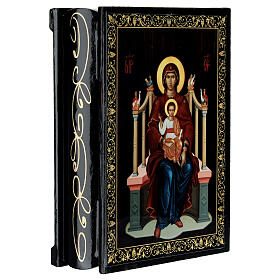 Papier-maché box, Mother of God Enthroned, Russian lacquer, 5.5x4 in