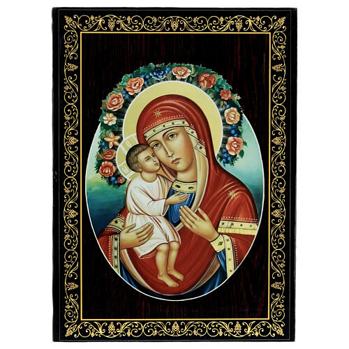 Scatola cartapesta lacca russa 22x16 cm Madre di Dio Jirovitskaya 1