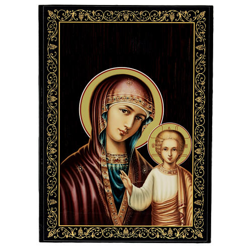 Russian lacquer on papier-maché box, Gruzinskaya Mother of God, 9x6 in 1