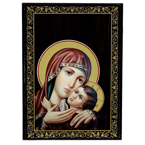 Russian lacquer on papier-maché box, Konevskaya Mother of God, 9x6 in 1