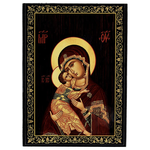 Russian lacquer on papier-maché box, Vladimirskaya Mother of God, 9x6 in 1