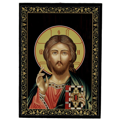 Scatola lacca russa Cristo Pantocratore 14x10 cm cartapesta 1