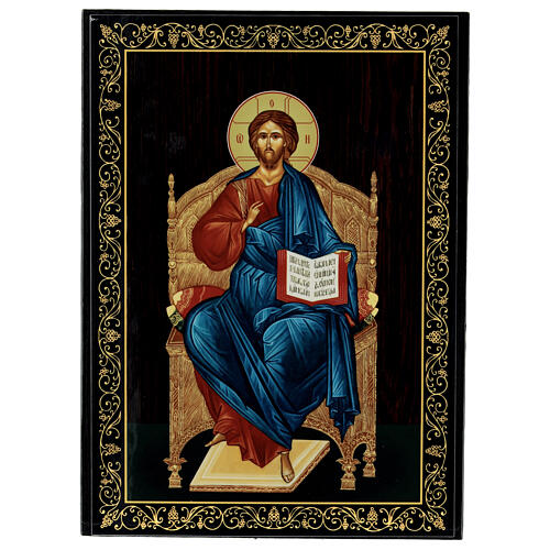 Russian lacquer of Christ on the throne, papier-maché box, 9x6 in 1