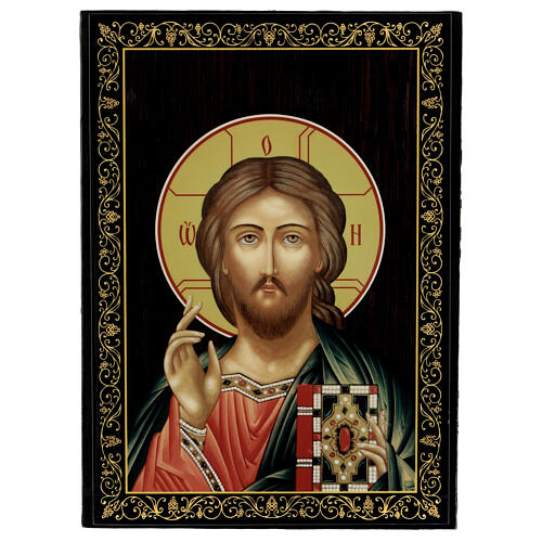Russian lacquer of the Christ Pantocrator, papier-maché box, 9x6 in 1
