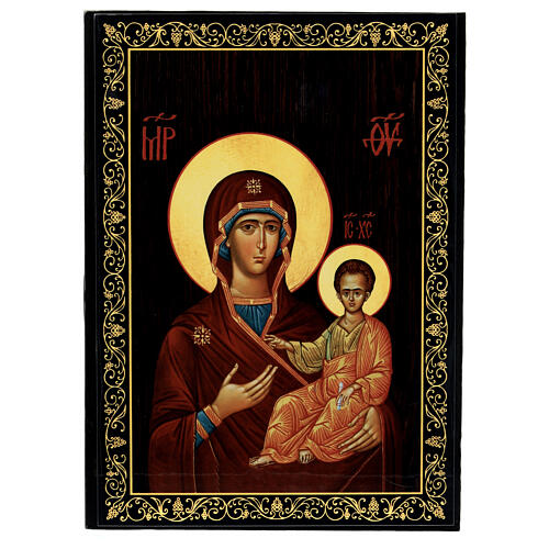 Russian lacquer of the Mother of God of Smolensk, papier-maché box, 9x6 in 1