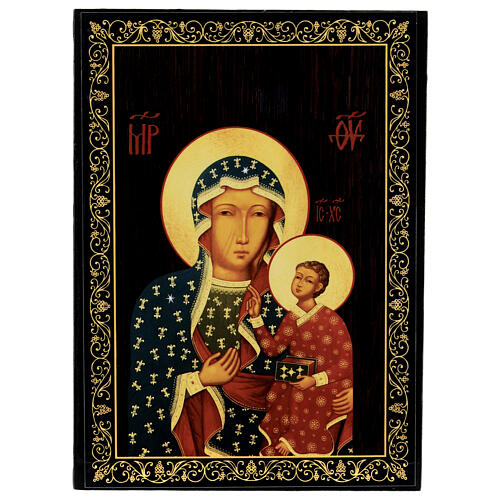Russian lacquer of Our Lady of Czestochowa, papier-maché box, 9x6 in 1