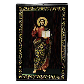 Russian lacquer, full-length Christ Pantocrator, papier-maché box, 3.5x2.5 in