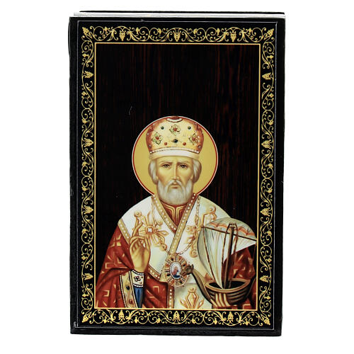 Russian lacquer box of St Nicholas in paper mache 9x6 cm 1