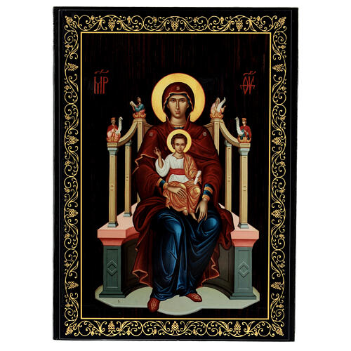 Virgin on the Throne icon box in paper-mache Russian lacquer 1