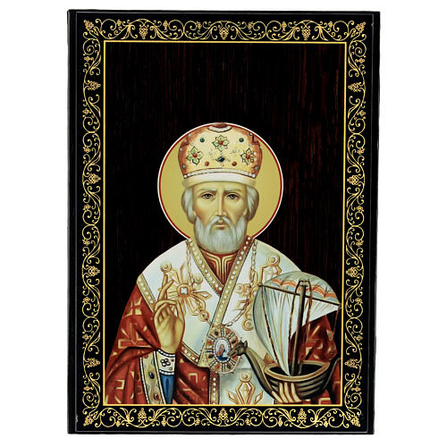 St Nicholas icon box Russian lacquer paper-mache 22x16 cm 1